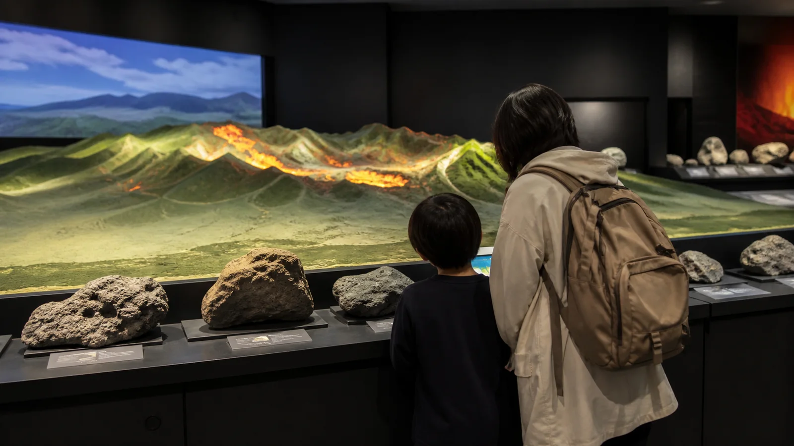 火山の地形模型と岩石展示を見る親子