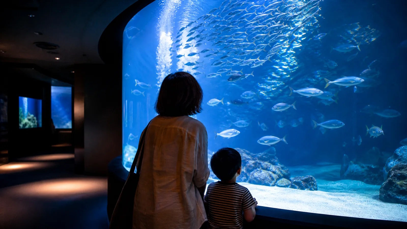 都市型水族館の幻想的な水槽を親子で見上げる様子