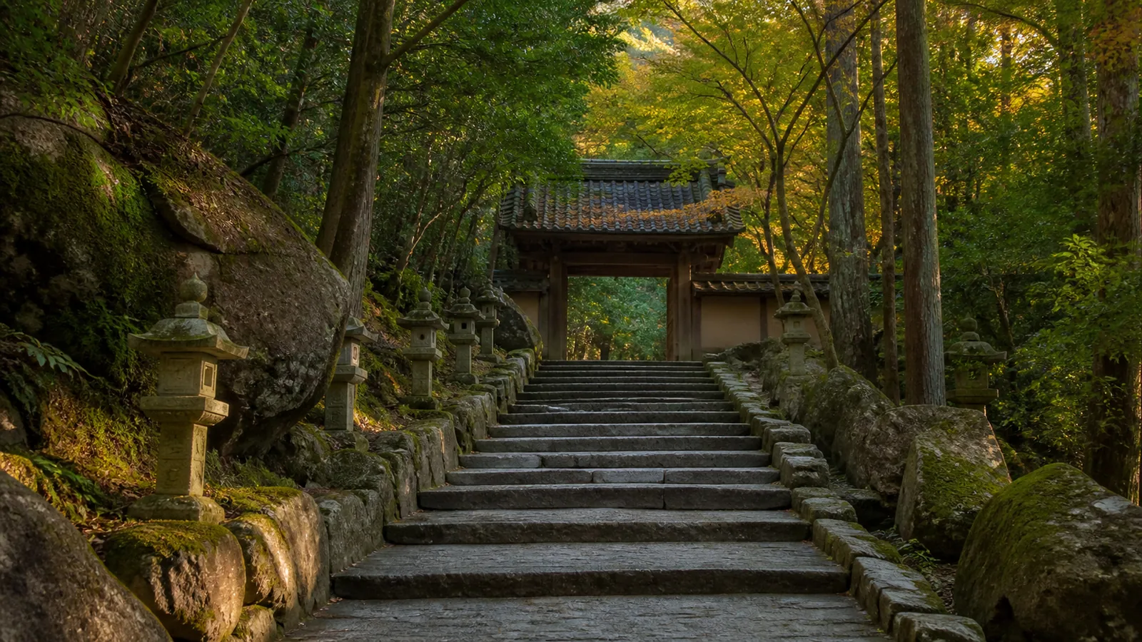宮島の森を上る石段と寺院の門を無人で表した編集イメージ