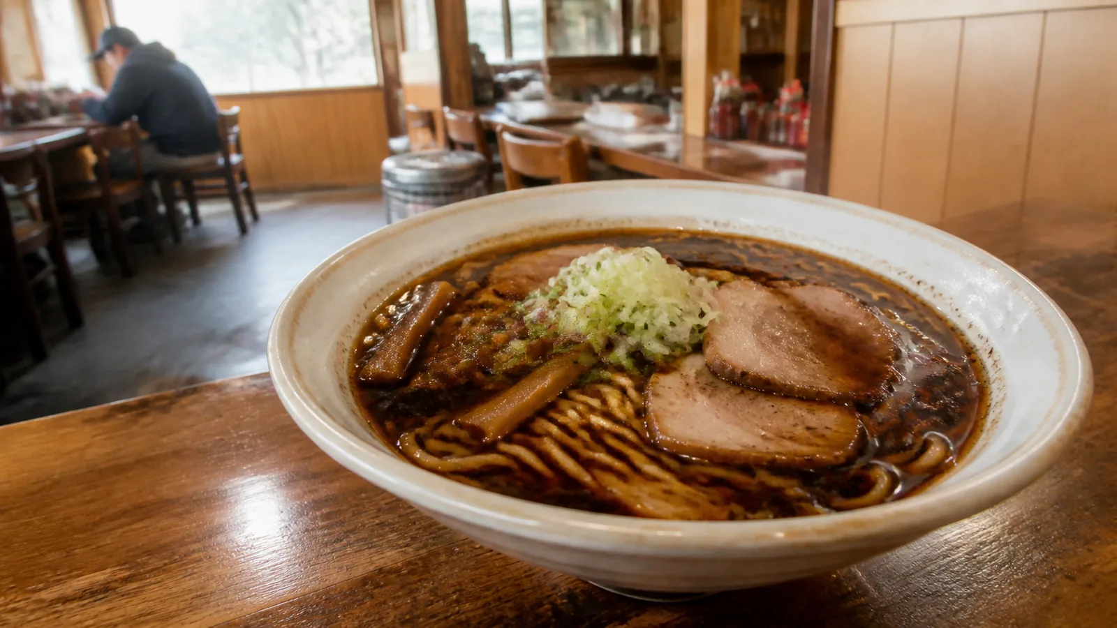 香ばしい醤油スープのラーメンを小さな食堂で味わう場面の編集イメージ