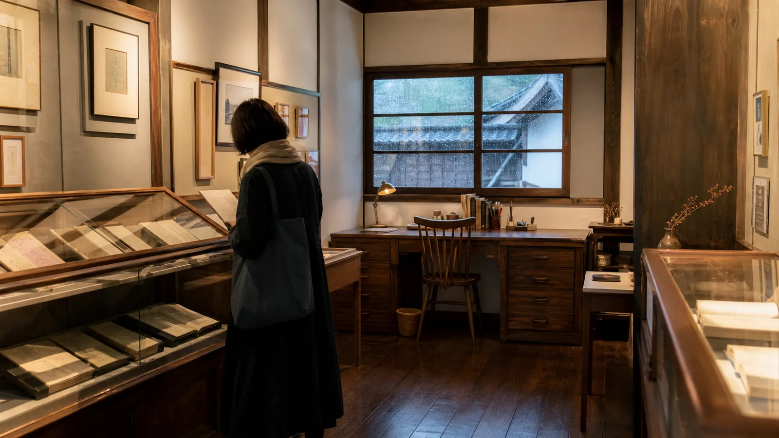 雨の日の文学館で作家資料の展示を見る旅行者の編集イメージ