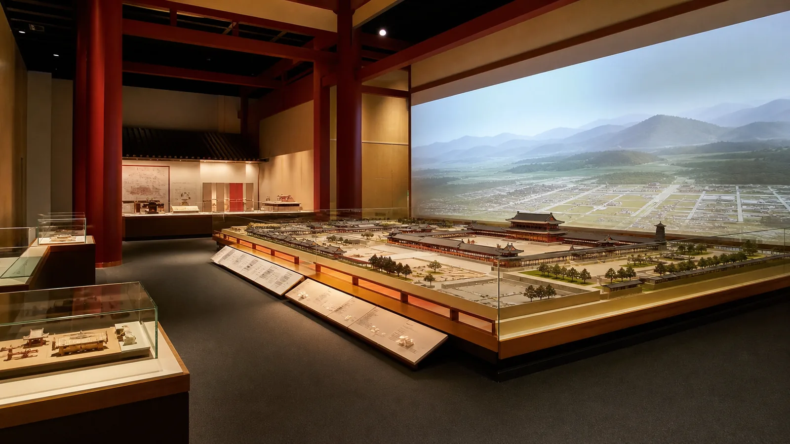 奈良時代の宮殿模型と大型映像を備えた無人の歴史展示室の編集イメージ