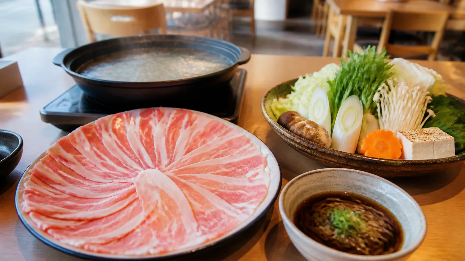 黒豚の薄切り肉と野菜、そばつゆ風のたれを並べたしゃぶしゃぶの編集イメージ