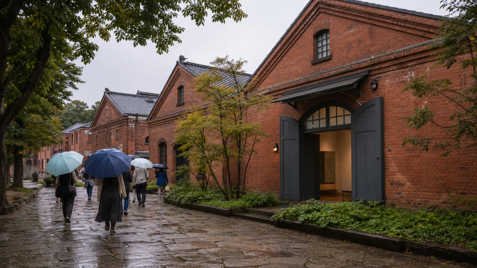 雨の赤れんが建築へ傘を差して向かう旅行者