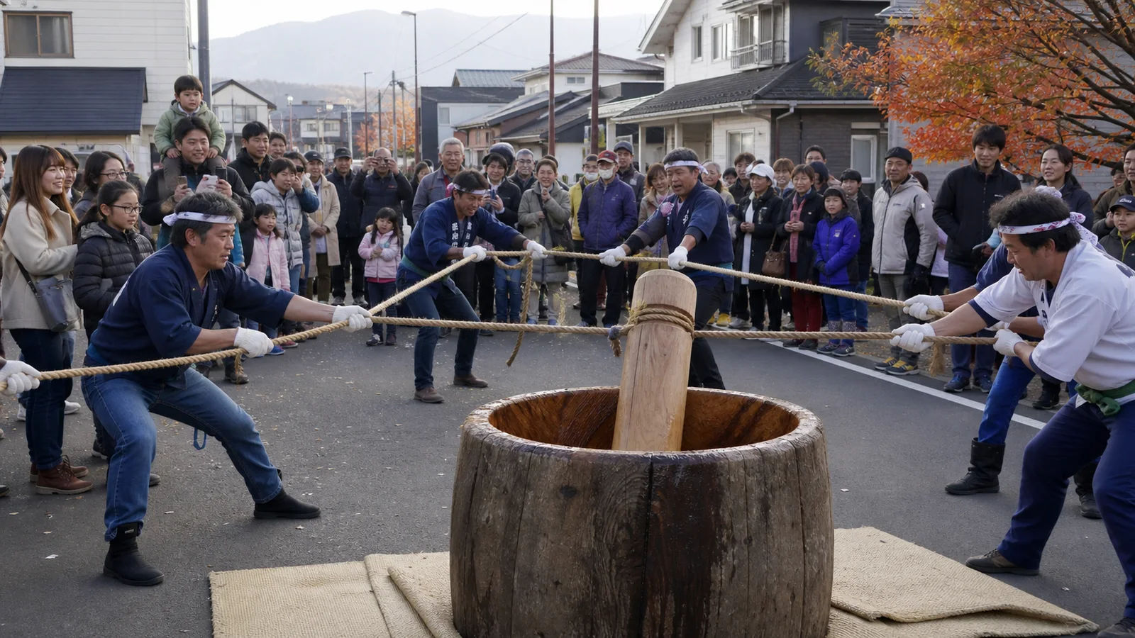 大きな木臼を囲み綱を引いて餅つきをする地域の人々