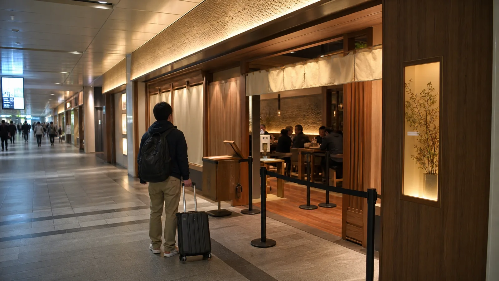 仙台駅の飲食店通路で和風の店へ向かう旅行者の編集イメージ