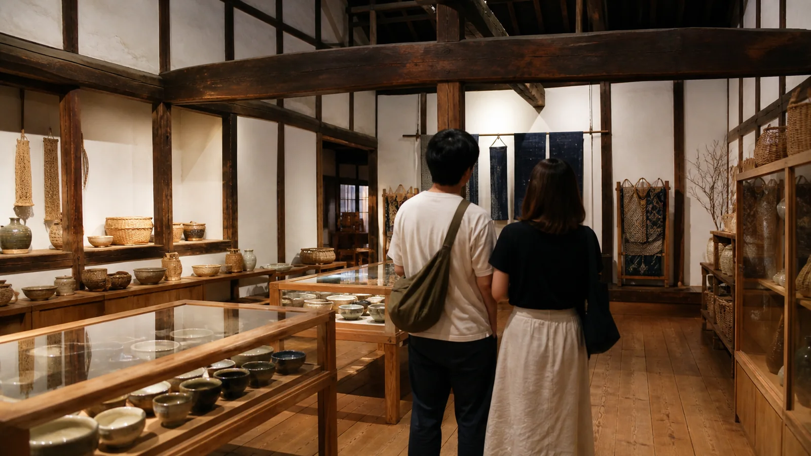 白壁の土蔵を生かした民藝展示室で工芸品を見る旅行者