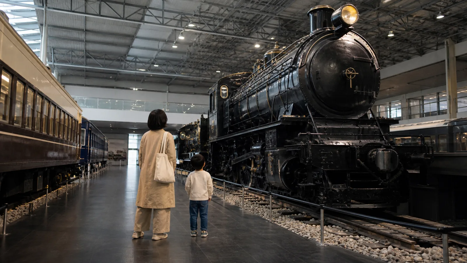 鉄道博物館の屋内展示で大きな車両を見上げる親子の編集イメージ