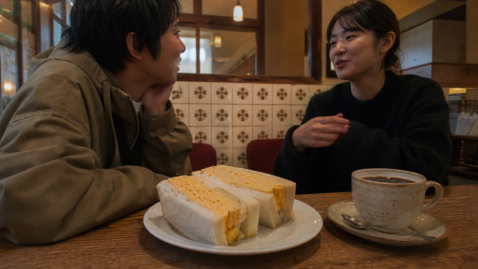 厚みのあるタマゴサンドとコーヒーを囲む朝のテーブル