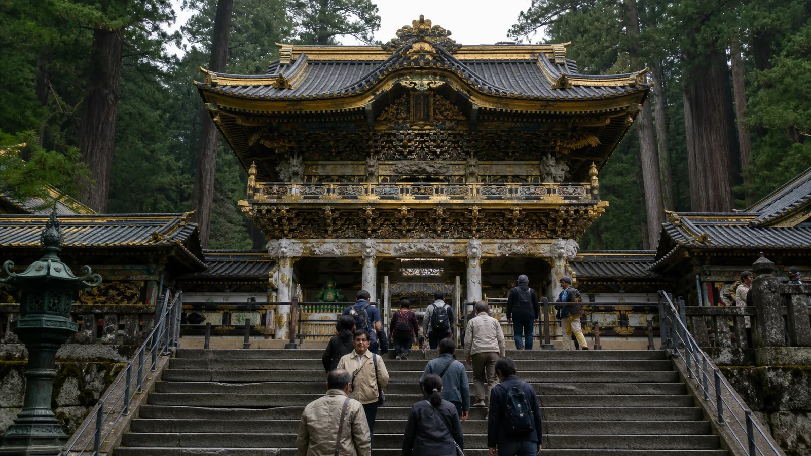 日光東照宮を思わせる色彩豊かな門と杉木立を訪ねる旅行者