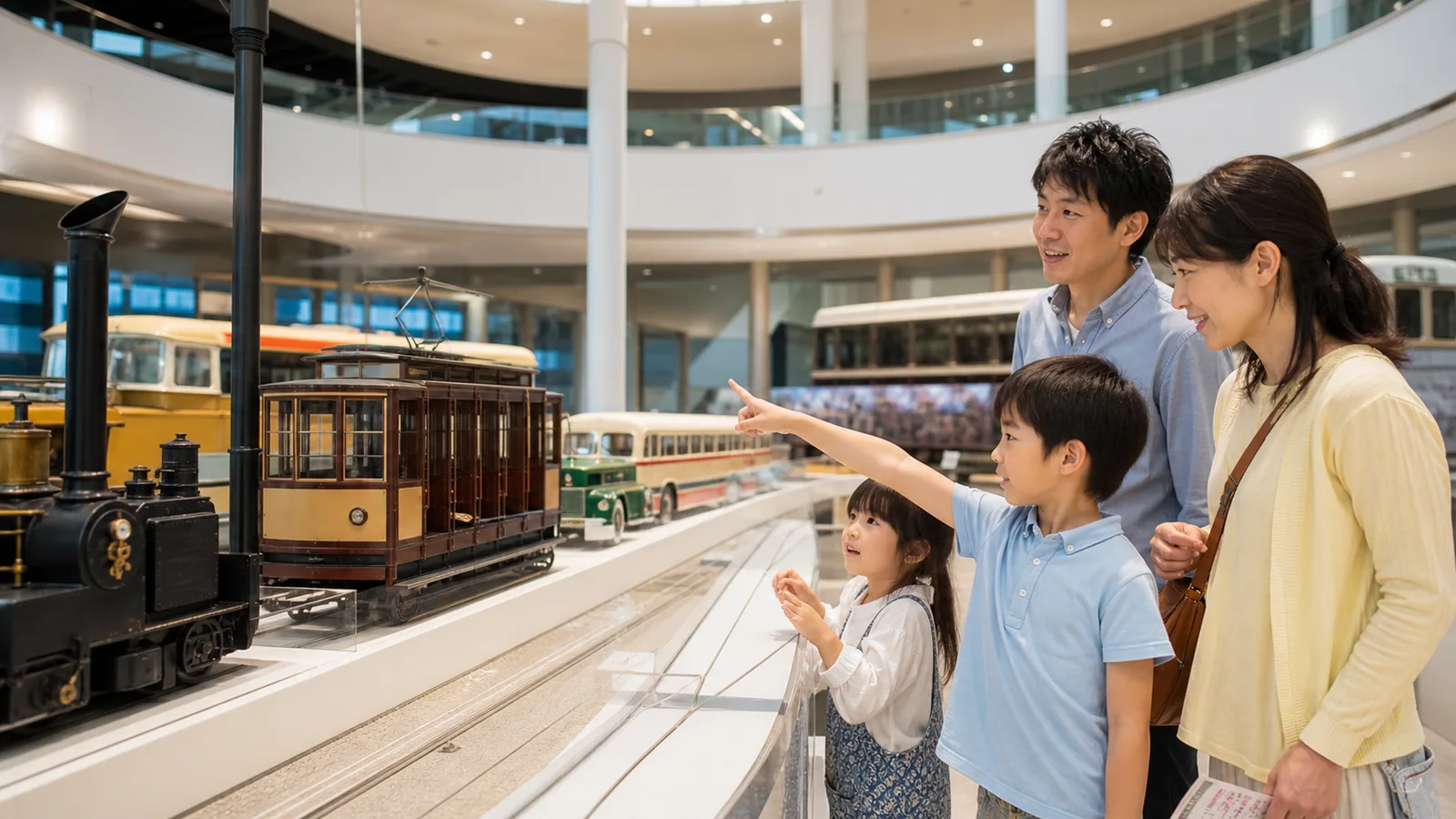 交通博物館を思わせる展示室で車両模型を指さす子どもと家族