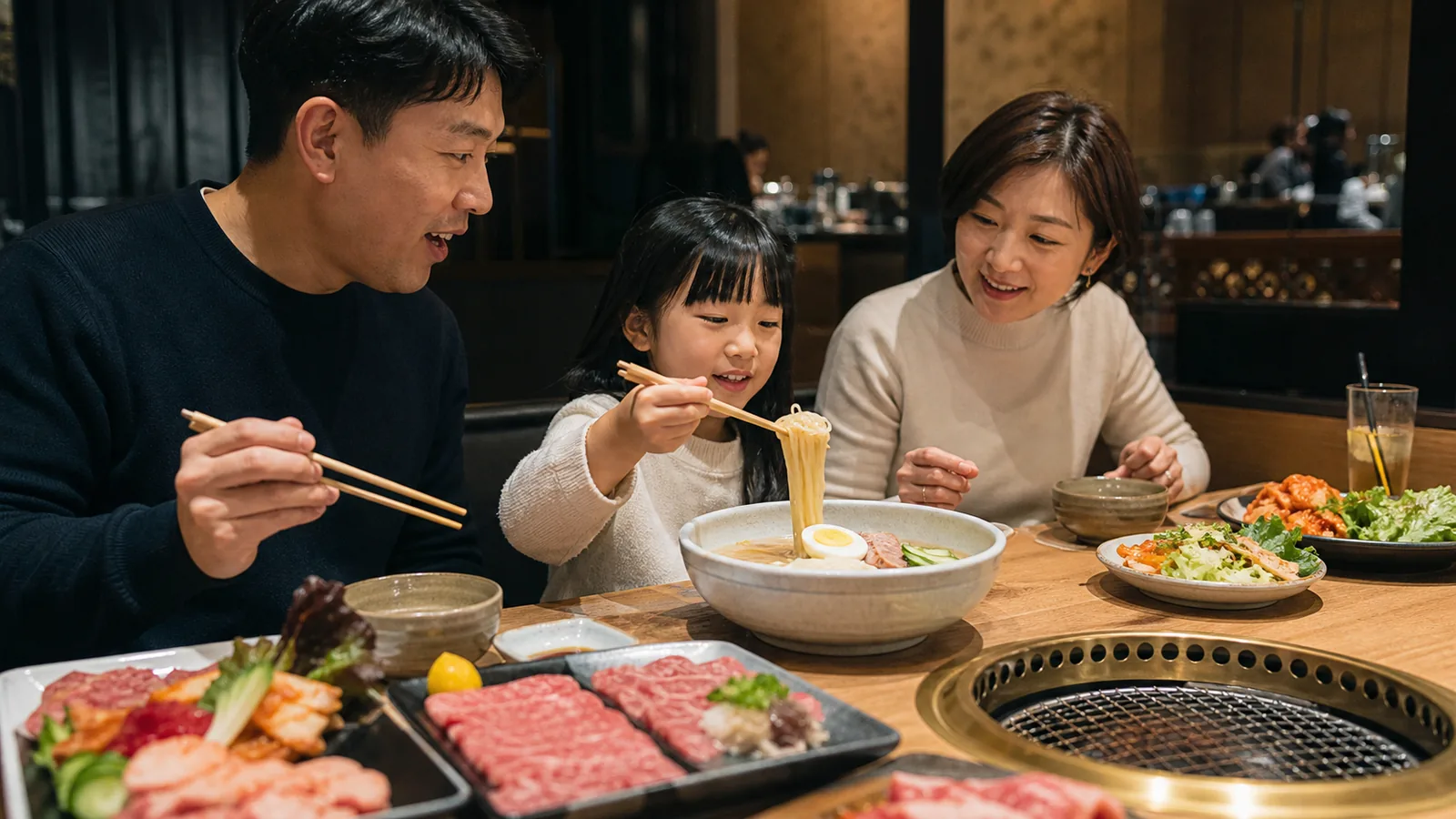 広い焼肉店を思わせるテーブルで家族が盛岡冷麺を囲む様子