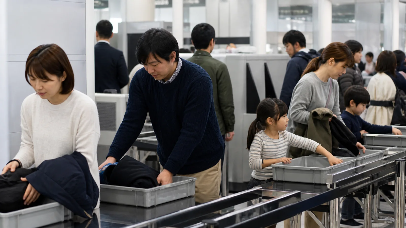 国内線空港の保安検査場でトレーを準備する旅行者