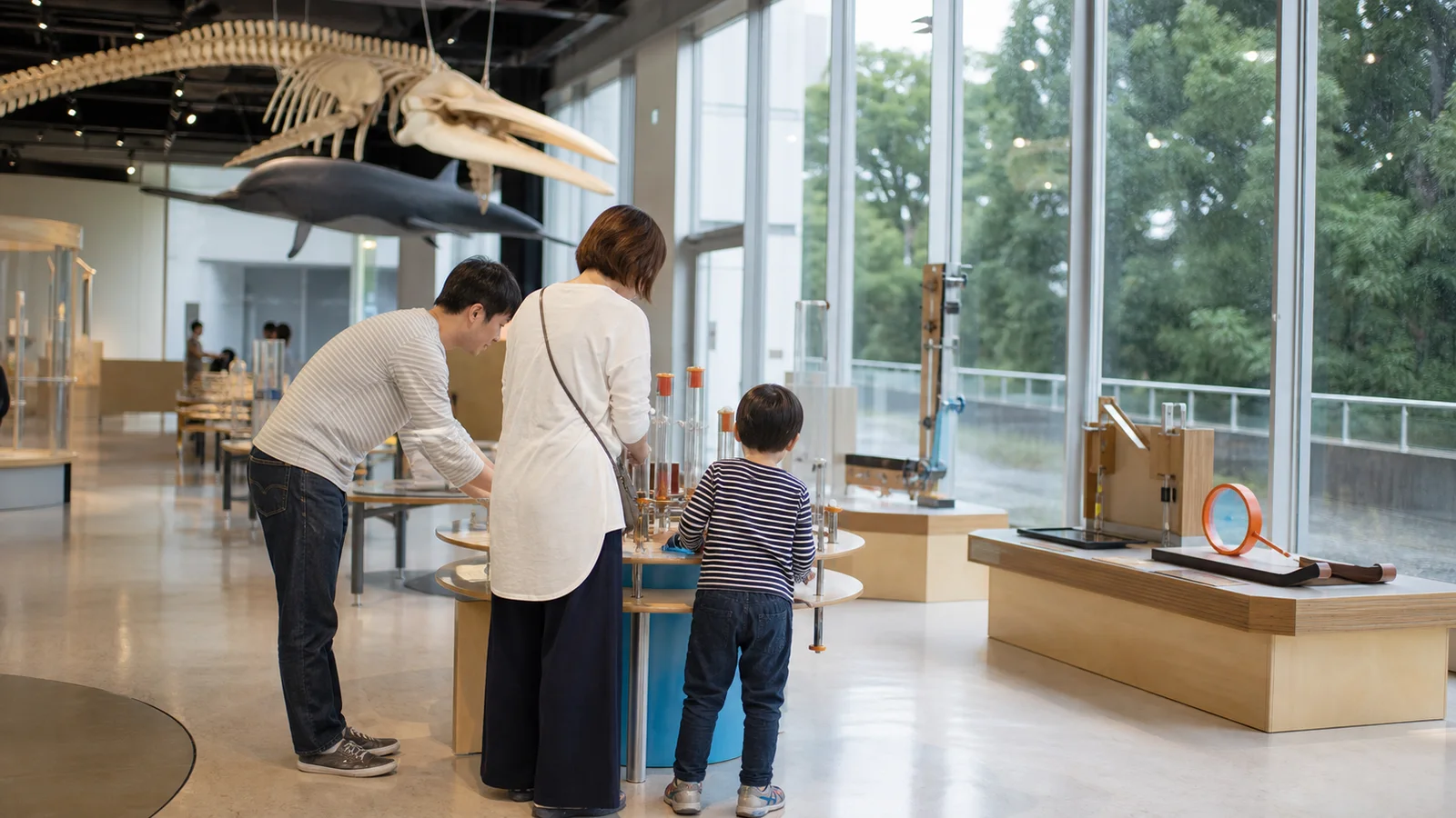 明るい科学館で体験展示に取り組む親子