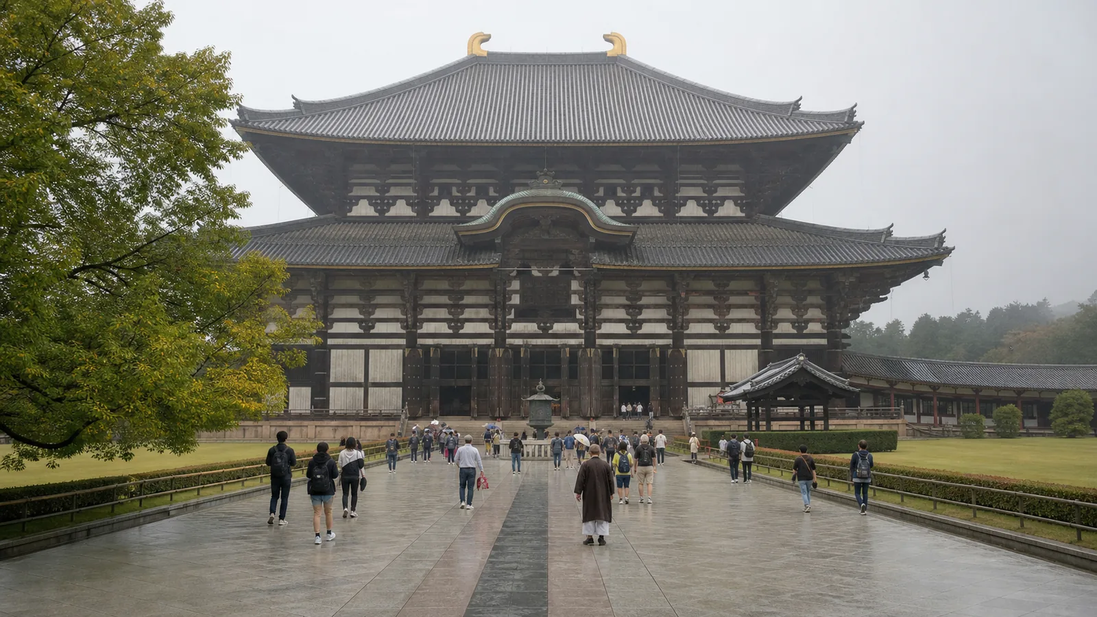 参道の先に東大寺の大きな木造伽藍を望む様子を表した編集イメージ