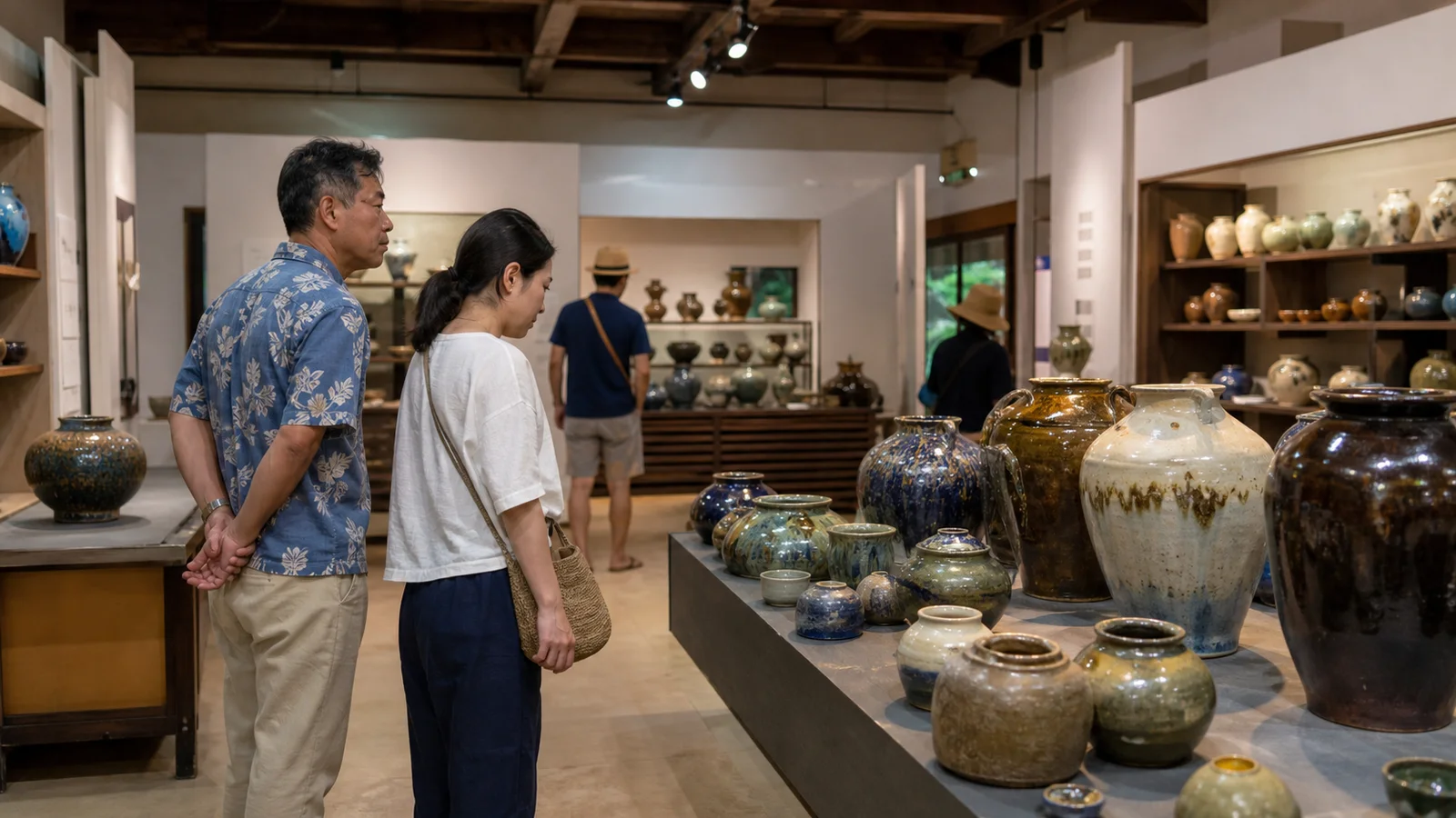 沖縄の陶器が並ぶ展示室を見学する旅行者