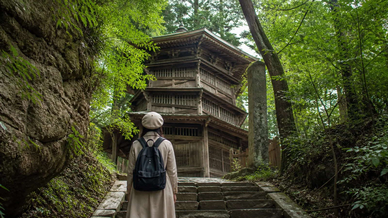 飯盛山の木造六角堂風の歴史建築へ石段から近づく旅行者の編集イメージ