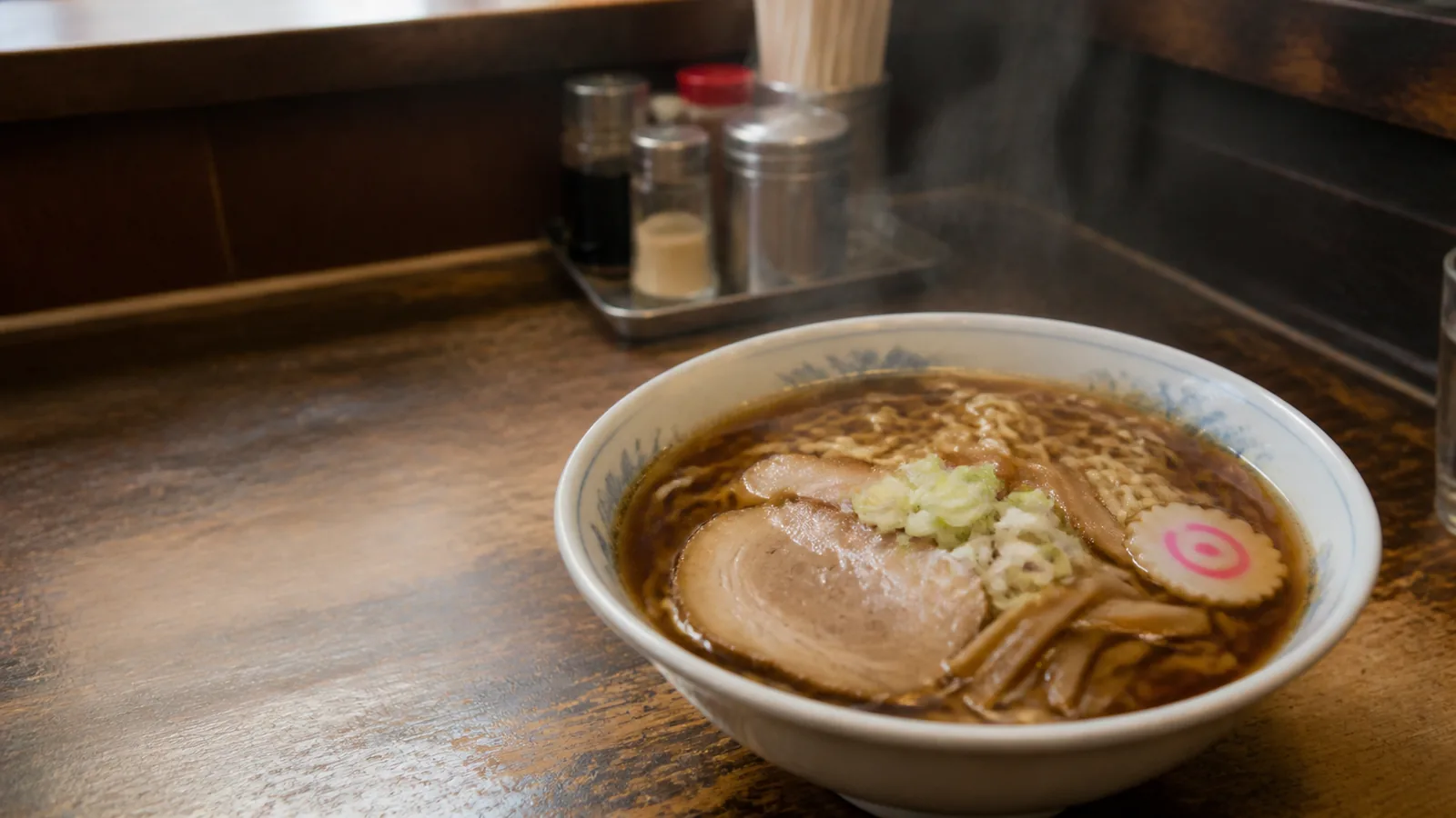 旭川中心街の歴史ある店を思わせるカウンターの醤油ラーメンの編集イメージ