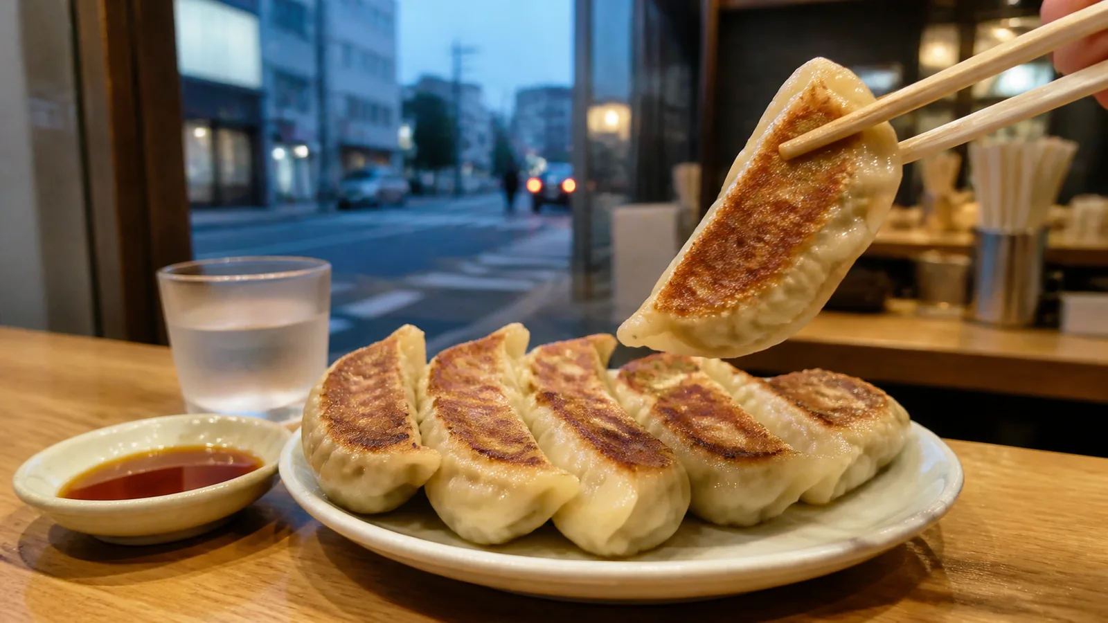 宇都宮中心部の明るい餃子店で厚めの皮の焼き餃子を味わう食卓