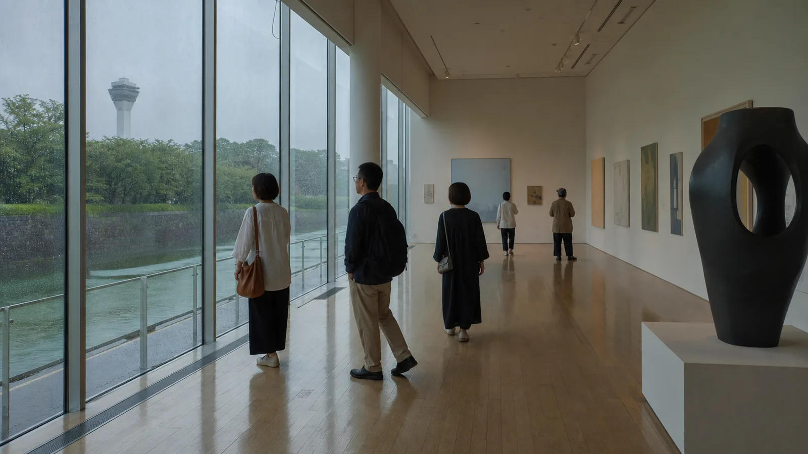 函館美術館を思わせる展示室で現代美術を見る旅行者