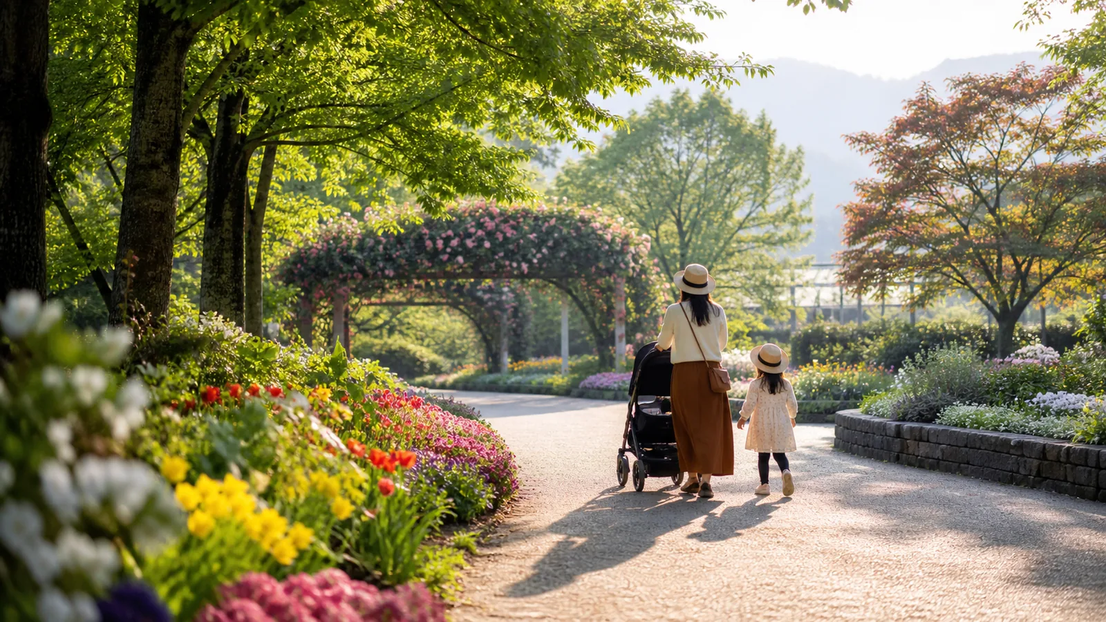 花壇が続く庭園をベビーカーで歩く家族を表した編集イメージ