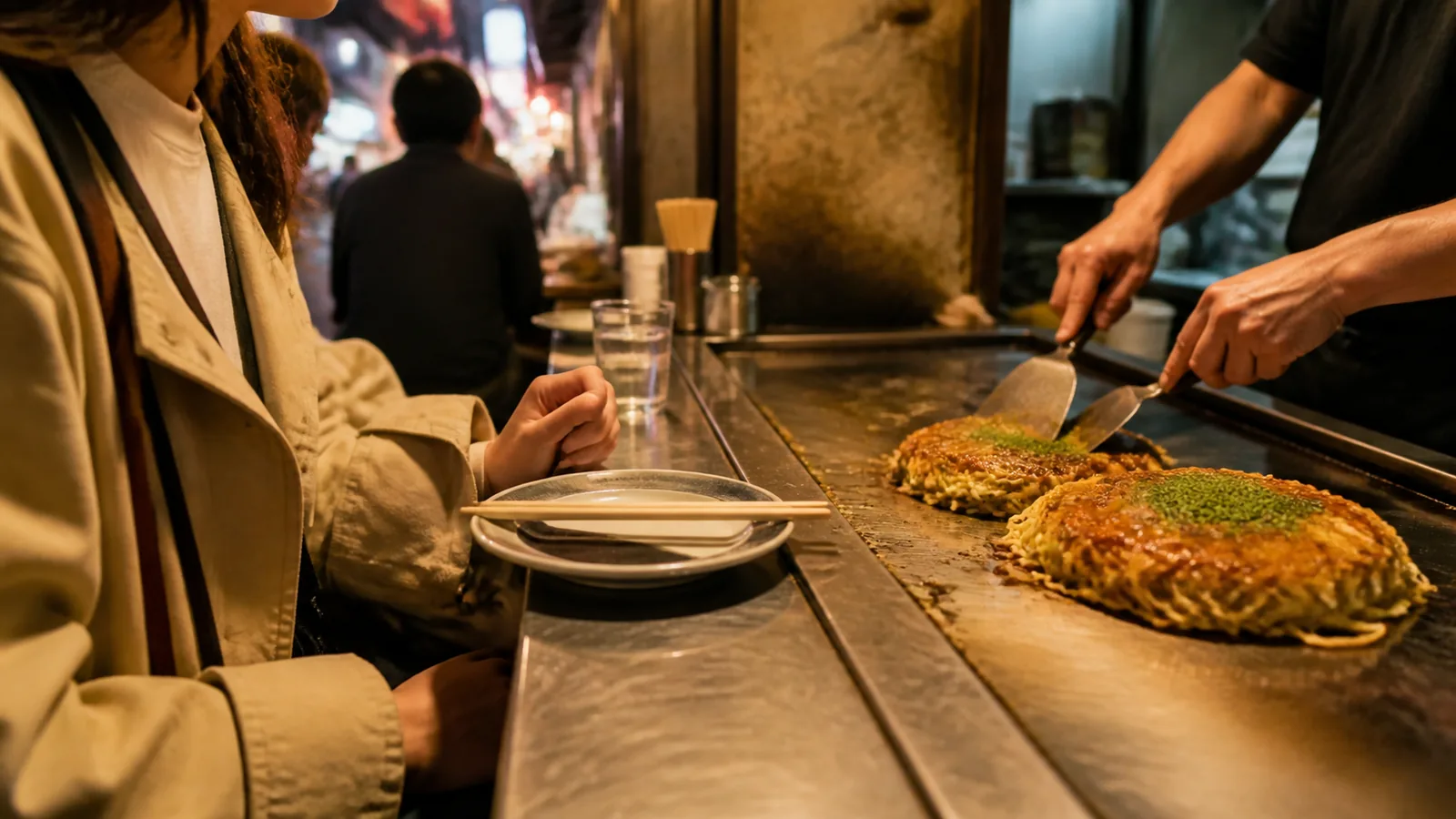 新天地の小さな鉄板カウンターでお好み焼きを味わう場面の編集イメージ