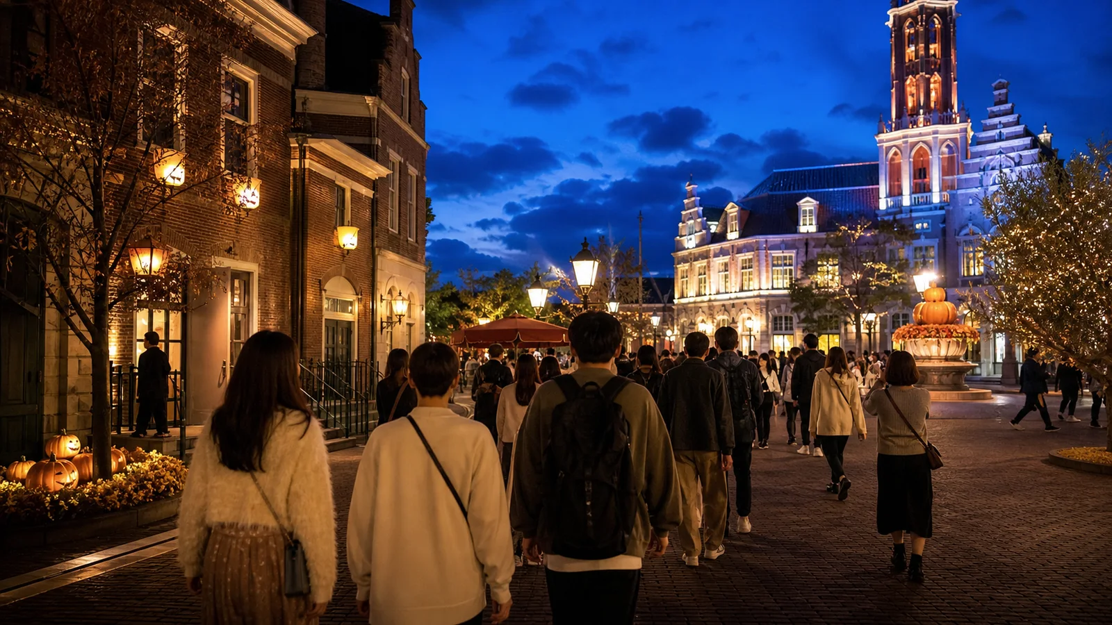 秋の夜にランタンが灯るヨーロッパ風のテーマパークを歩く人々