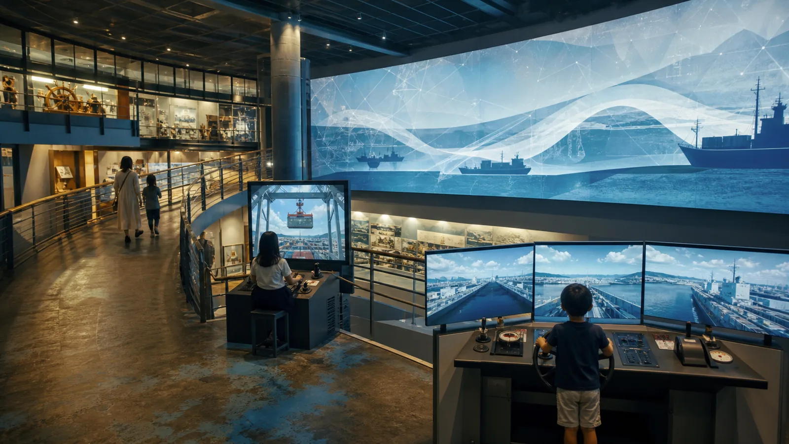 大型映像と操船シミュレーターがある海峡の体験型博物館を親子で巡る編集イメージ