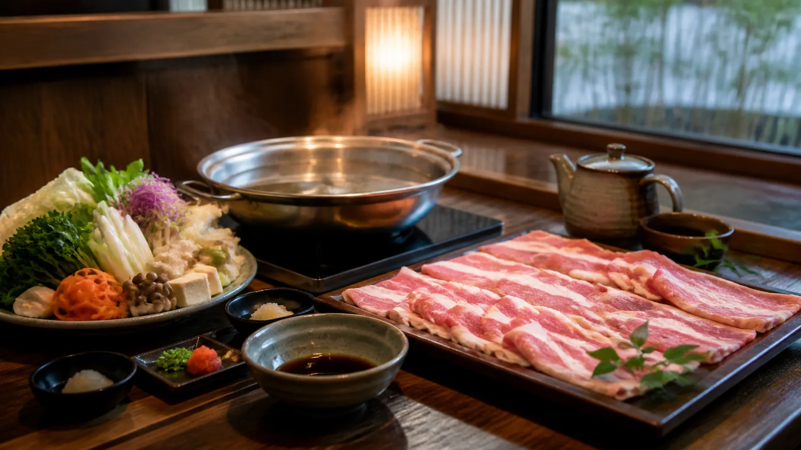 落ち着いた和食店で黒豚の薄切り肉と地元野菜を囲む編集イメージ