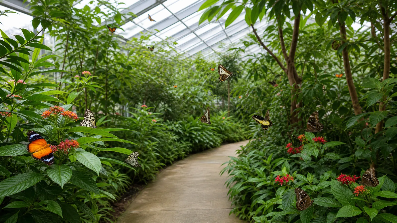 温室の植物の間を自然な蝶が飛ぶ無人の昆虫展示環境の編集イメージ