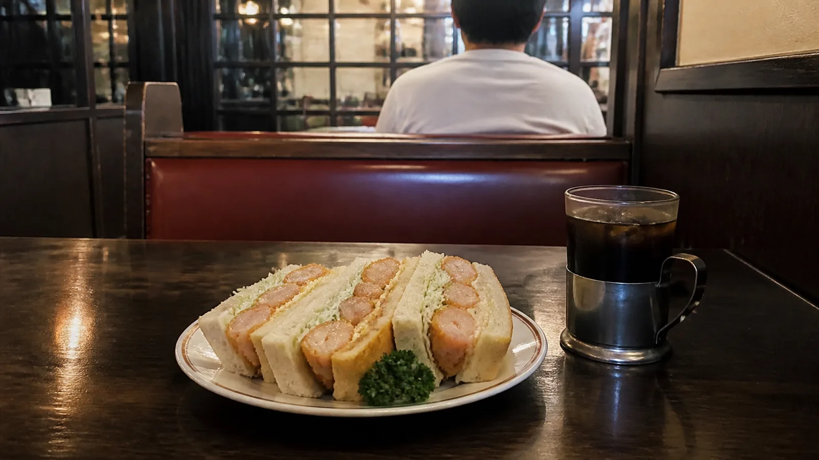 揚げた海老とキャベツを挟んだ厚いサンドイッチとアイスコーヒー