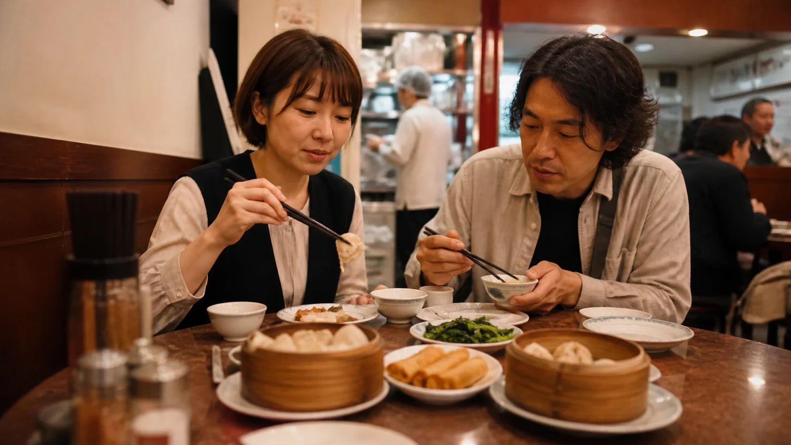 南京町の広東料理店で点心と料理を分け合う二人