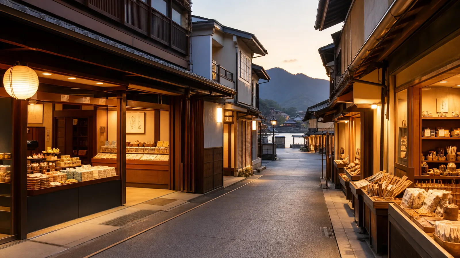宮島の木造店舗が並ぶ無人の商店街を夕方に見た編集イメージ