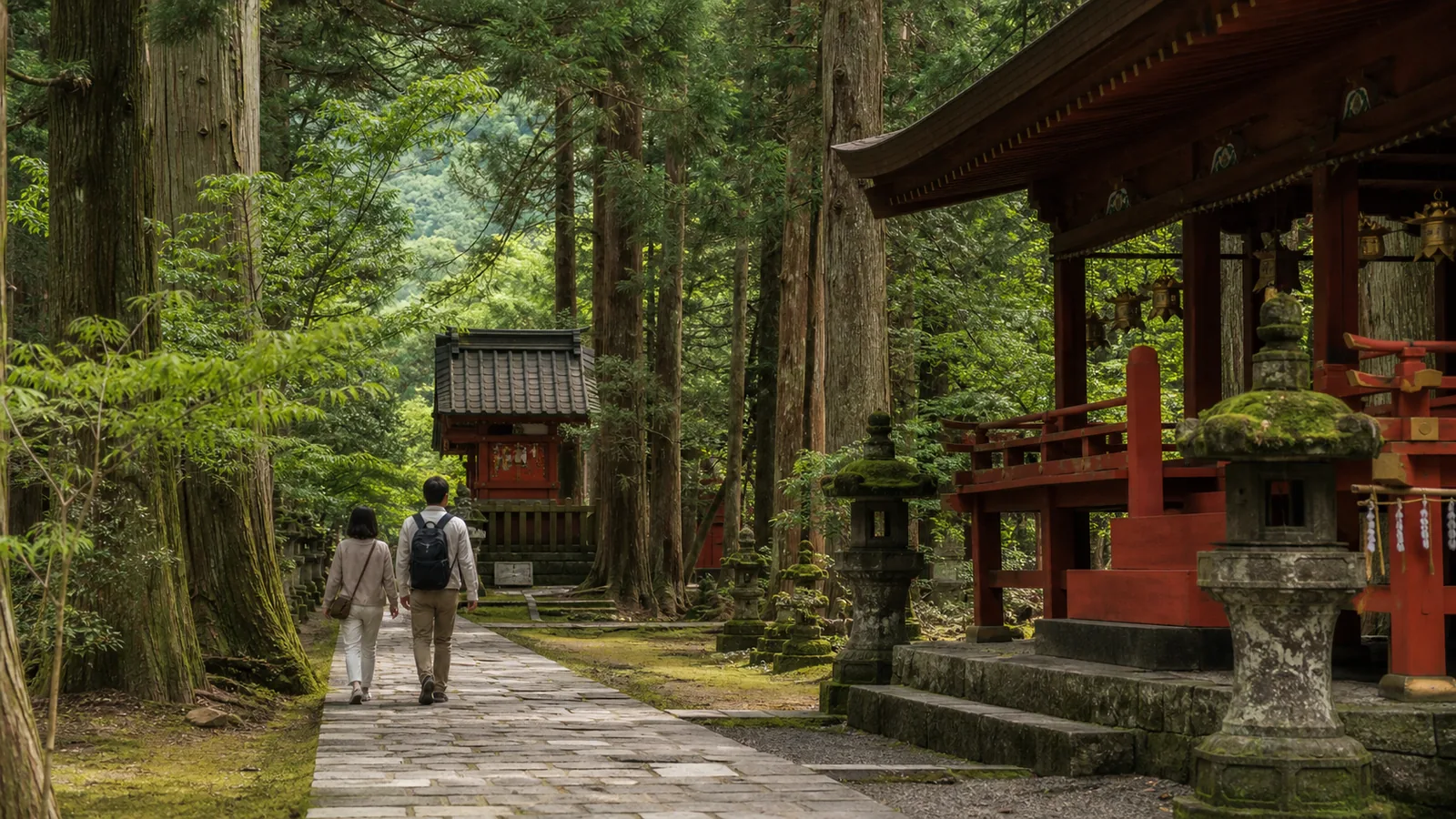 日光の杉並木に囲まれた二荒山神社を思わせる境内を歩く夫婦