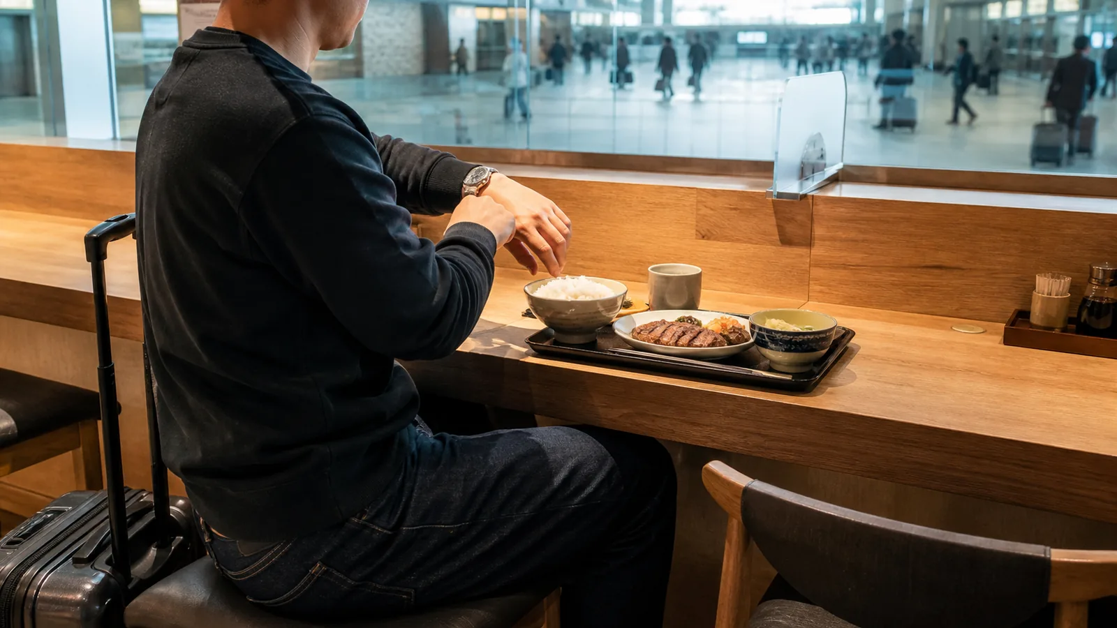 駅構内のカウンターで列車時刻を気にしながら牛たん定食を待つ旅行者の編集イメージ