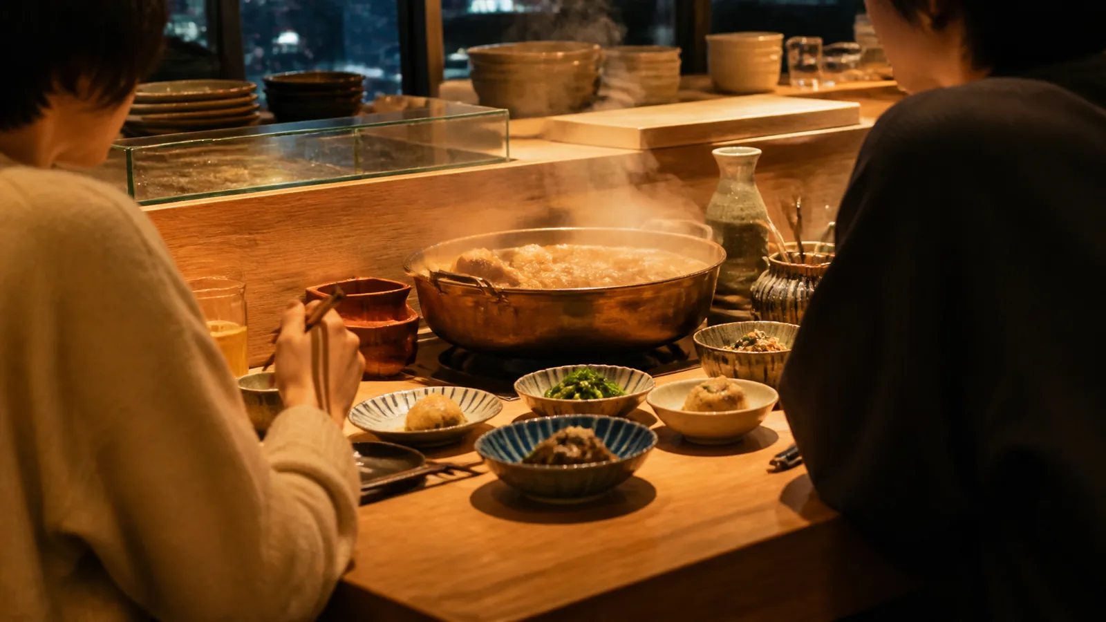 片町の現代的な酒場でおでんと小鉢を囲む二人の編集イメージ