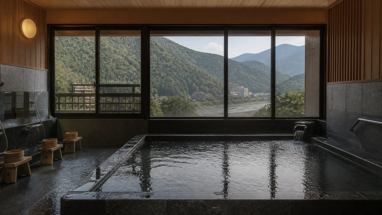 山並みを望む落ち着いた旅館の展望大浴場