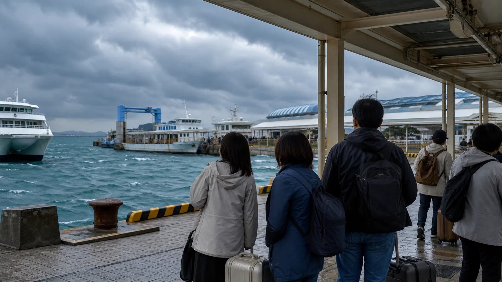 荒天の港を屋根の下から見て出航判断を待つ旅行者