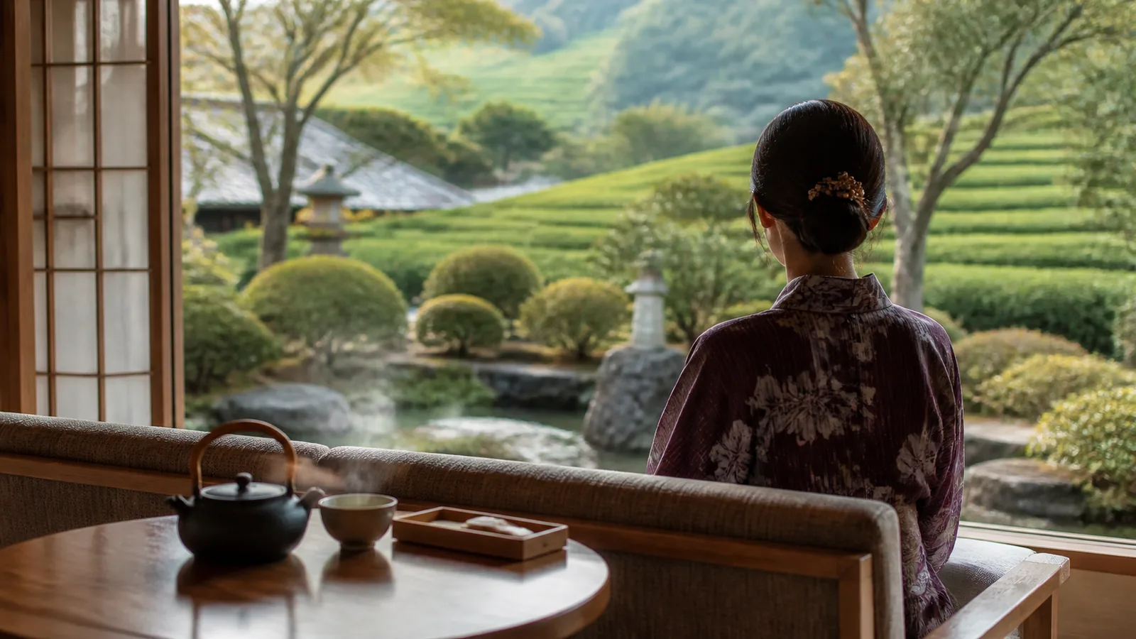 嬉野茶を感じる和風旅館の湯上がり空間で休む旅行者の編集イメージ