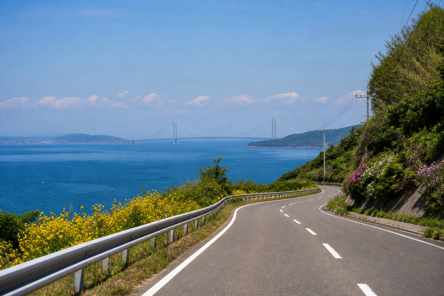 淡路島の海と大橋を望む花咲く海岸道路