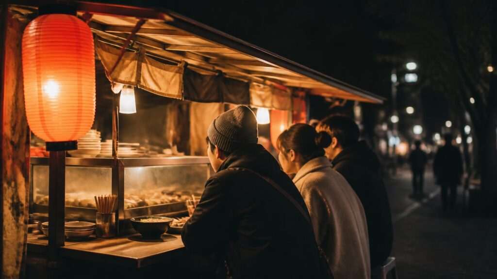 福岡の夜に提灯が灯る架空の屋台で食事を選ぶ旅行者
