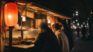 福岡の夜に提灯が灯る架空の屋台で食事を選ぶ旅行者