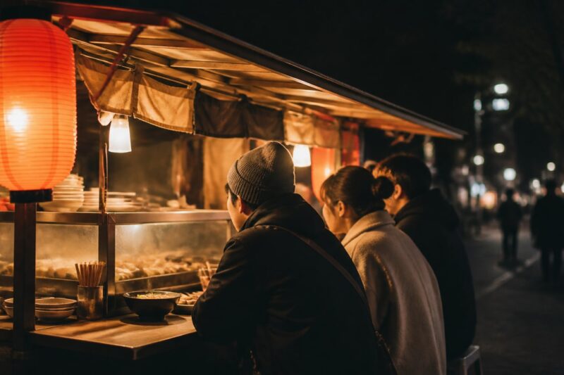福岡の夜に提灯が灯る架空の屋台で食事を選ぶ旅行者