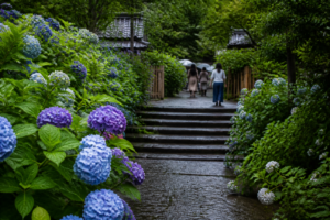 雨上がりの寺院参道に咲く青と紫のあじさい