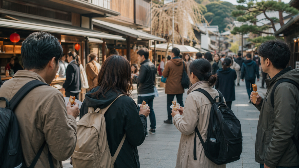 休日の商店街で軽食を選ぶ旅行者たちのイメージ