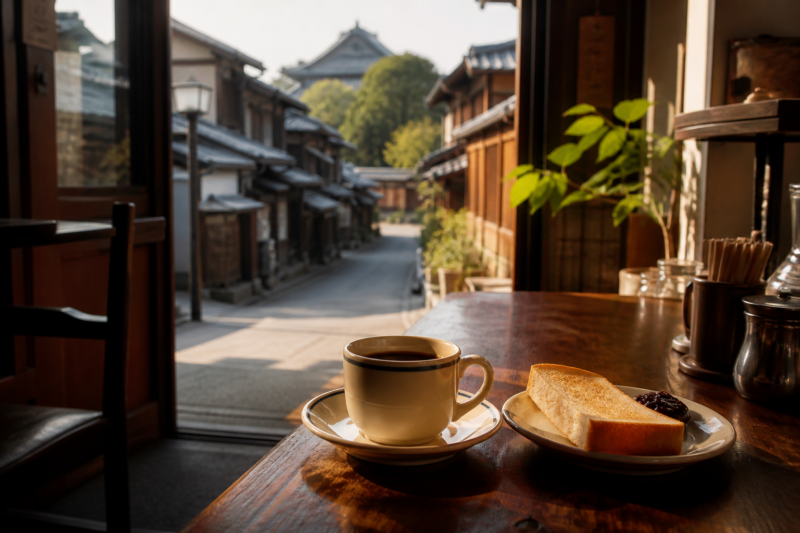 京都の町並みを望む喫茶店のコーヒーとトースト