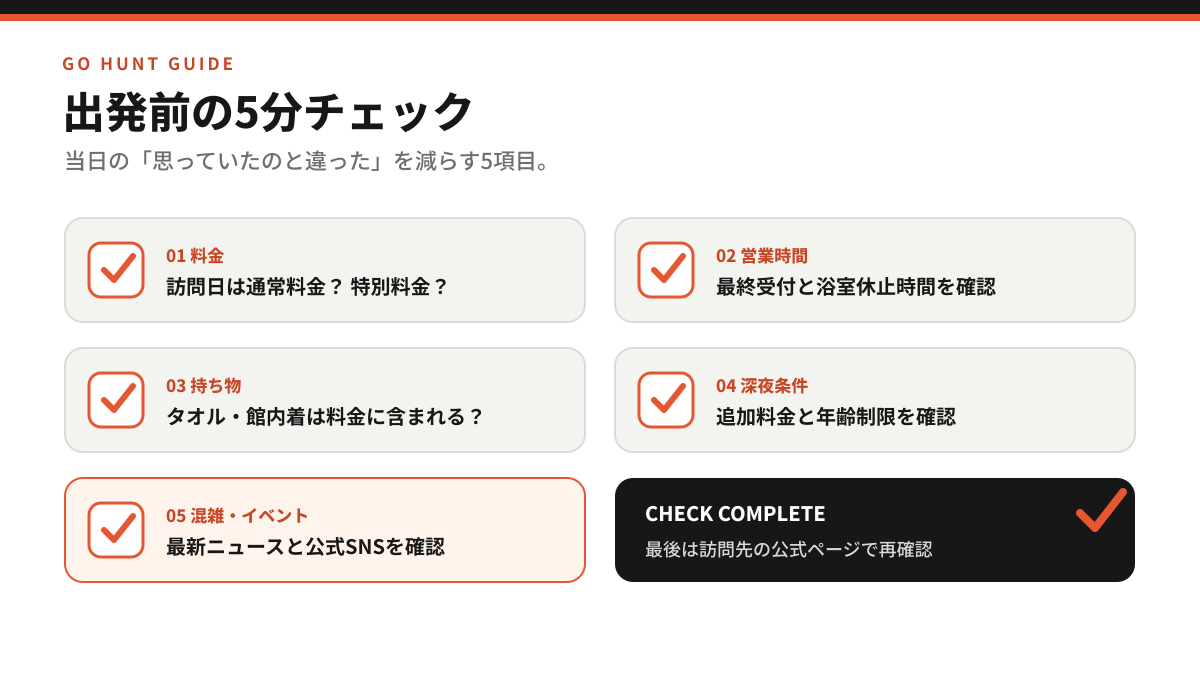 料金、営業時間、持ち物、深夜条件、混雑を確認する出発前チェックリスト