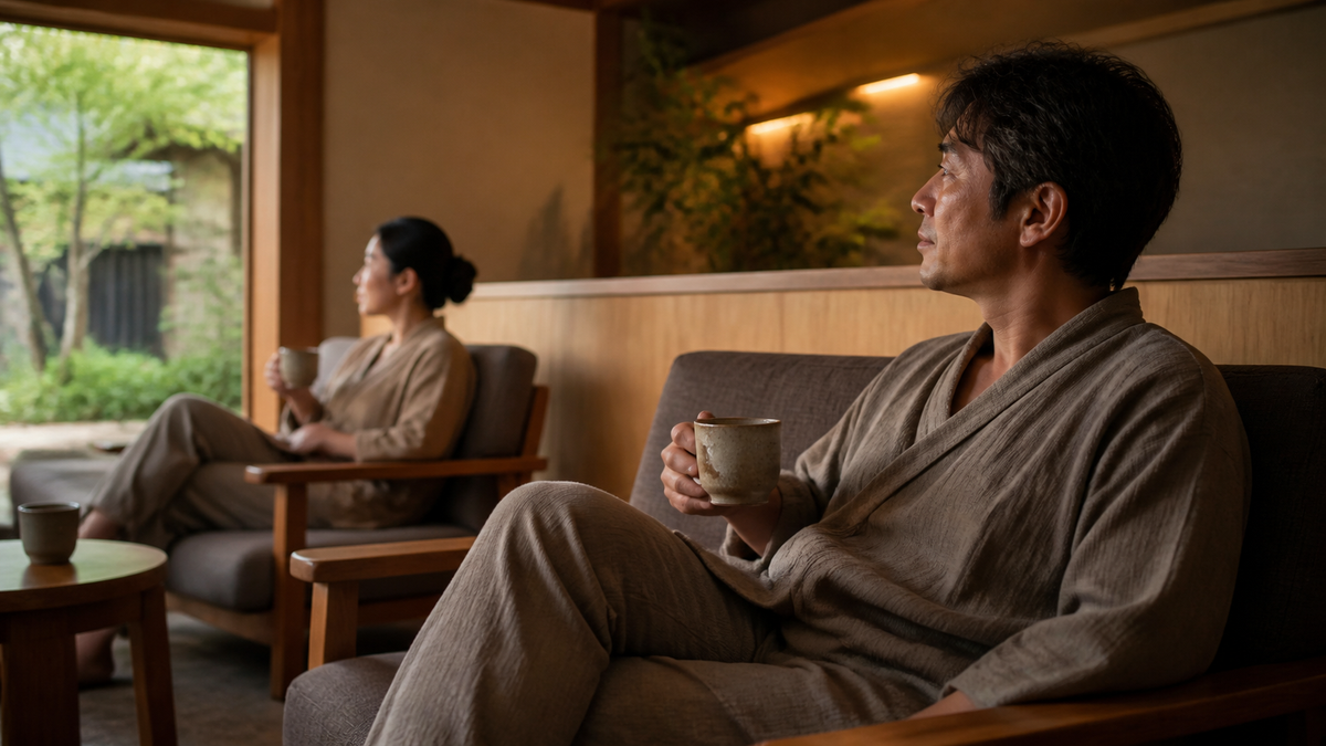 木のぬくもりを感じる温浴ラウンジでコーヒーを飲みながらくつろぐ旅行者のイメージ