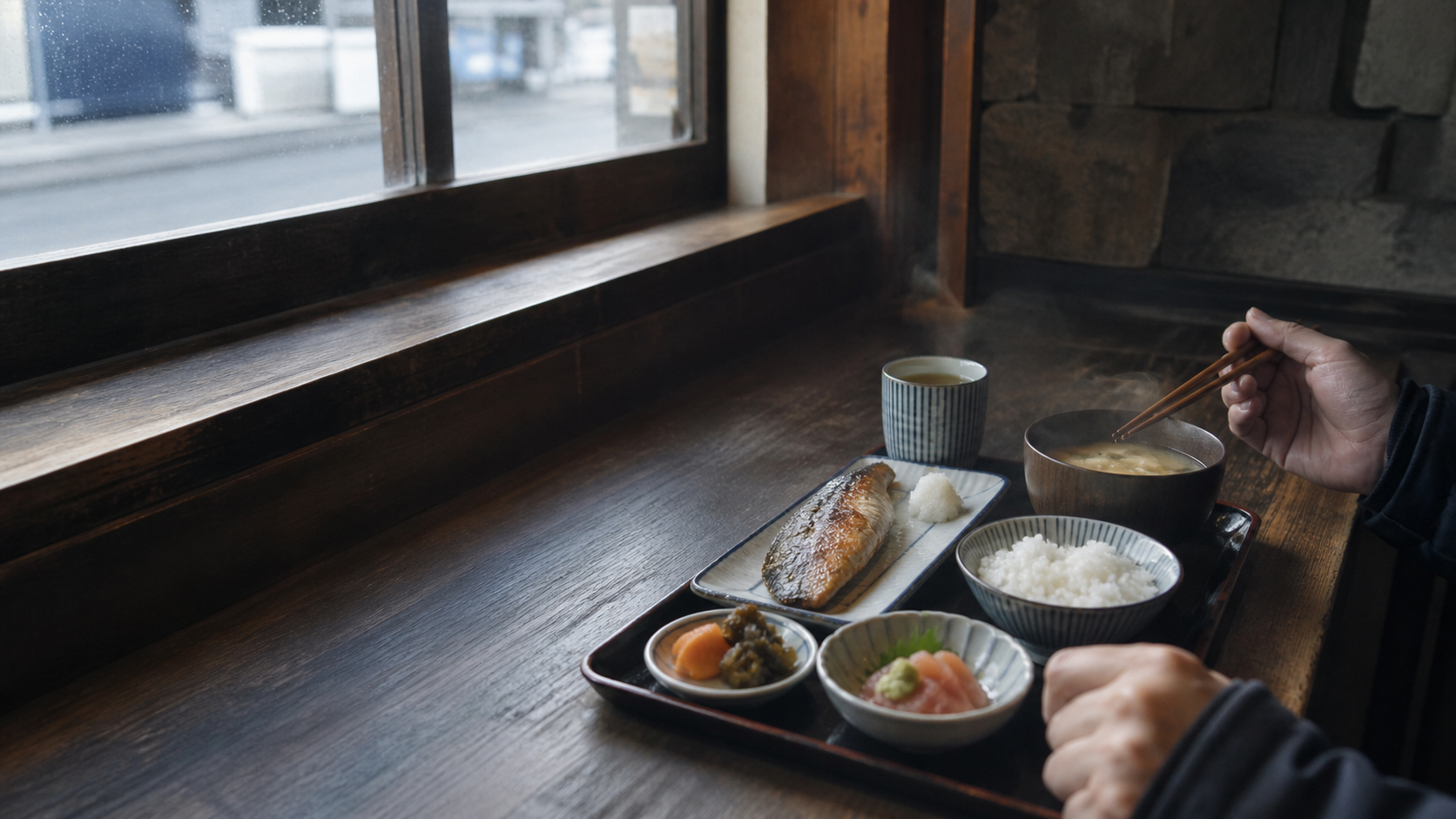 札幌らしい焼き魚と海鮮を中心にした朝食のテーブル