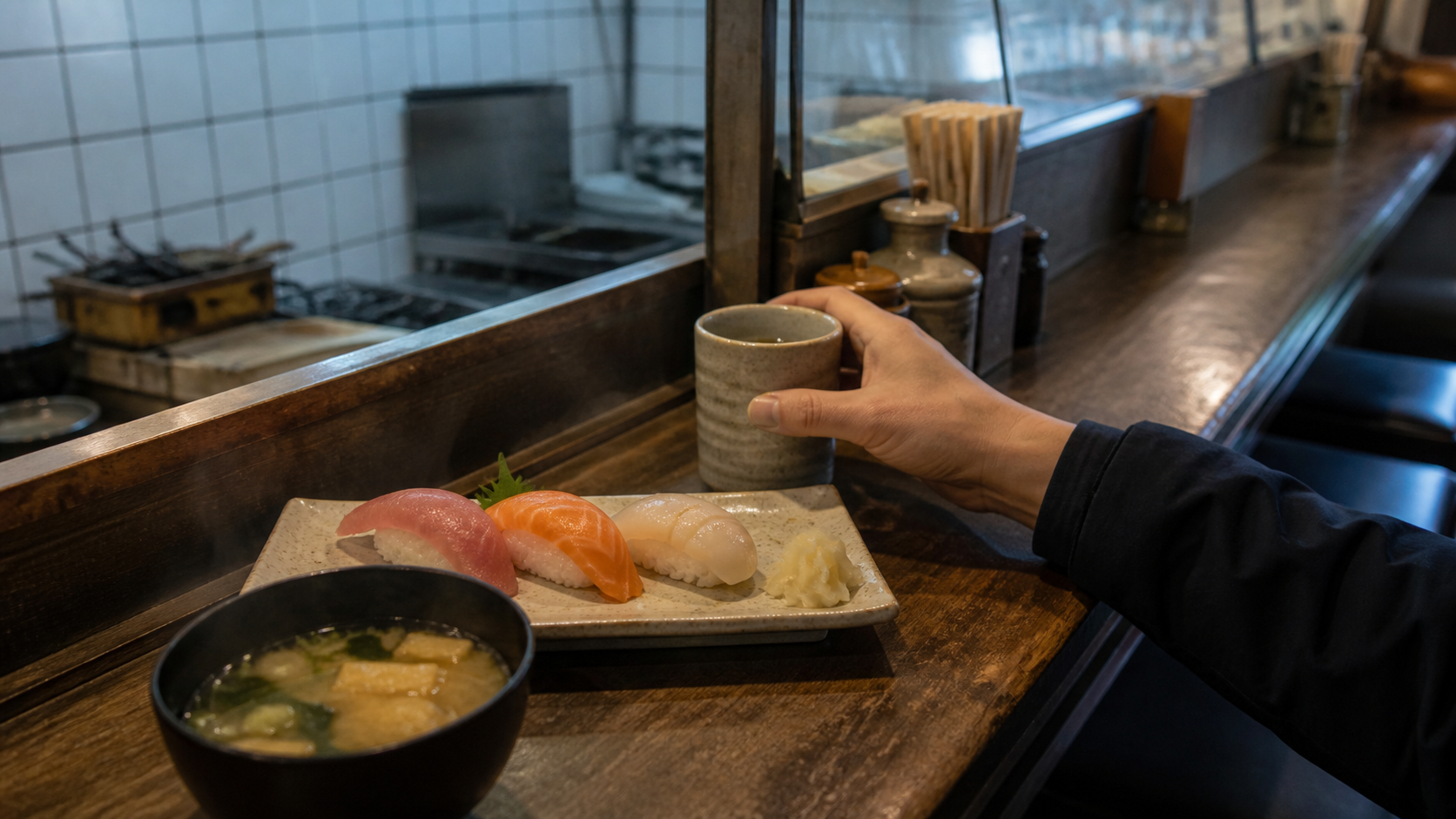 市場のカウンターで寿司と味噌汁を楽しむ朝食のイメージ